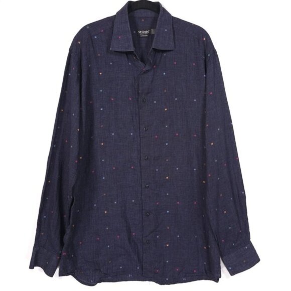 St. Croix CONTEMPORARY ITALY🇮🇹MADE 99% LINEN‎ Shirt LARGE Navy Conffeti